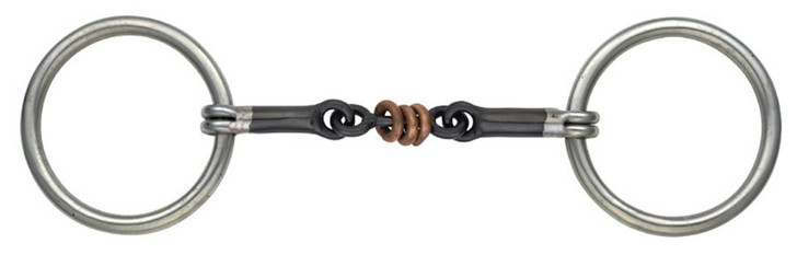 This sweet iron and copper combination provides the horse with a warm and pleasant tasting bit. The roller in the centre creates an uneven surface, which increases the bit's severity. The raised copper ribs can help to prevent the horse taking too much of a hold. Mouthpiece thickness: 14mm. Cheek height: 65mm.