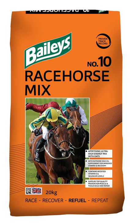 Racehorse Mix is a particularly palatable, energy dense mix formulated to meet the demands of race and performance horses in intense work.Best cleaned bruised oats are combined with a blend of micronised cereals to provide readily available energy to meet the requirements of anaerobic respiration during periods of fast work, as well as providing a readily available source of vital glucose for brain and organ function. The mix also contains a blend of oils from soya and linseed to provide additional non-heating energy which encourages a glycogen sparing effect, so helping to promote stamina and reduce recovery times.