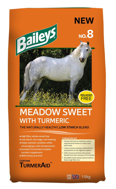 Meadow Sweet with Turmeric is a low starch, low sugar, high fibre feed that’s fully balanced and suitable for those prone to laminitis, excitable temperaments and sensitive stomachs. Formulated to provide moderate calorie levels, Meadow Sweet can support horses in up to medium work and will help maintain condition while encouraging a calm temperament.

With a blend of fibre sources, including Baileys Light Chaff, Meadow Sweet contains no whole cereal flakes and is molasses-free. It has a light coating of honey, which supplies low levels of natural prebiotic sugars, and a dusting of mint, making it suitable for the fussiest of feeders.

When fed at recommended levels, Meadow Sweet will deliver the appropriate daily levels of TurmerAid supplement.