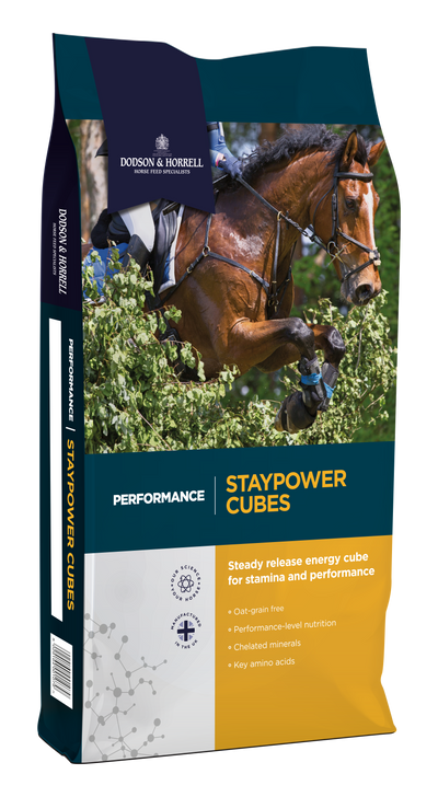 Steady release energy for stamina and performance. 

This oat-grain free, lower starch performance feed provides a controlled amount of energy release for horses in need of staying power and an even temperament. It provides key amino acids to support muscle development and repair, and includes electrolytes to help replace losses that occur as part of regular training. The Staypower Cubes are a fully balanced feed including chelated minerals for optimum absorption and activity in the body.