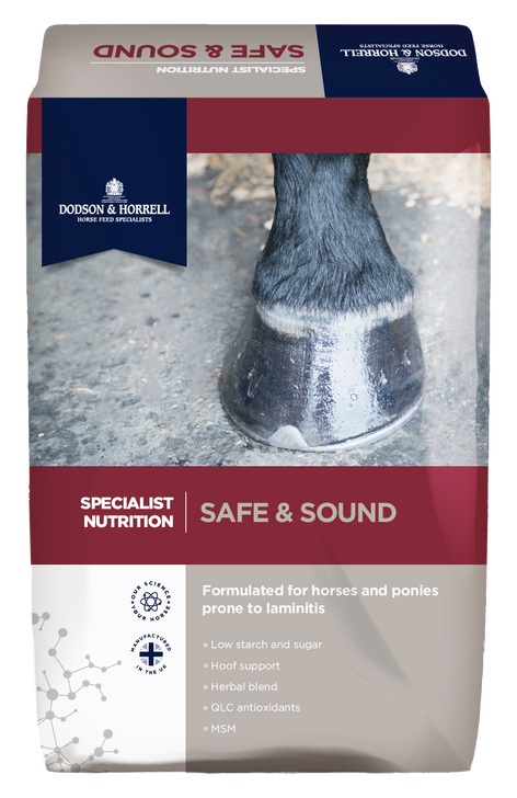 Dodson & Horrell Safe & Sound is a High fibre, low starch and sugar, forage-based complete feed for horses and ponies prone to laminitis. Safe & Sound contains the highest specification nutrition to support health, hoof quality and mobility, is highly palatable and can be used all year round.