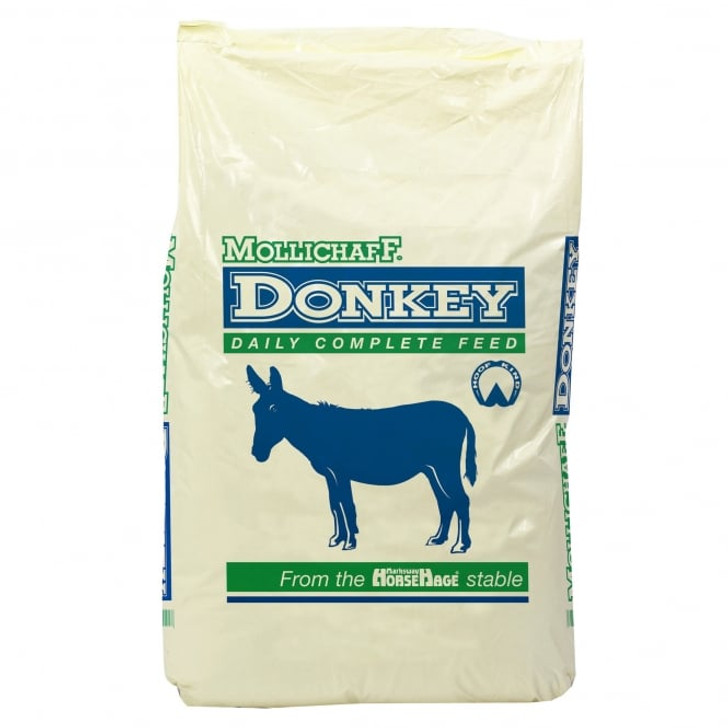 Mollichaff Donkey is a highly palatable mix containing a balanced blend of dried grass, fibre pellets, oat straw, and soya oil with camomile, mint and lemon balm. It also contains a broad spectrum vitamin and mineral supplement, which includes limestone and magnesium. Limestone provides additional calcium for strong bones and healthy growth.

Mollichaff Donkey is low in sugar, starch and energy and carries the HoofKind logo to denote that it is suitable for donkeys, mules, horses or ponies prone to laminitis.

When Mollichaff Donkey is fed at the recommended levels, it needs no further supplementation other than good quality forage, or it can be used as a total forage replacer. 


Bag Size- 12KG