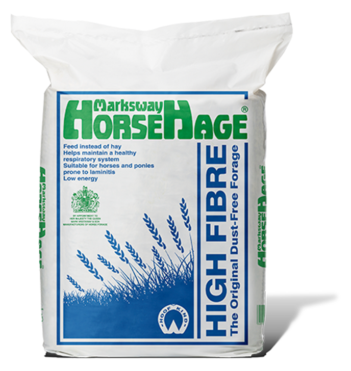 High Fibre HorseHage is made from a selected mix of grasses that are high in fibre and lower in protein and energy levels. Because High Fibre HorseHage is low in energy, it is generally suitable for all riding club and Pony Club horses, native ponies, veterans and those that are resting, convalescing or prone to laminitis. The HoofKind logo denotes its suitability for horses and ponies prone to laminitis.

The unique fermentation process that the grass undergoes in the production of High Fibre HorseHage keeps the sugar and starch levels considerably lower than in other forages. High Fibre HorseHage also provides an excellent fibre source for competition horses being fed high levels of concentrates.

Bag Size - 20KG