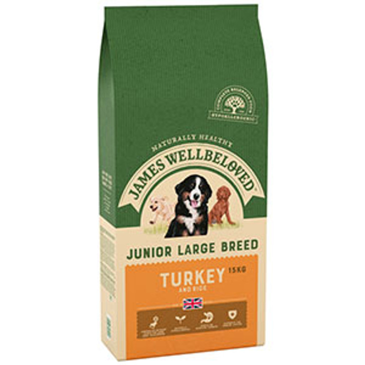 Naturally healthy, this dog food is suitable for dogs who require a hypo-allergenic food, this can be good to soothe skin irritation and to stop loose digestion.

Included in their formular The Wellbeloved Junior Large Breed Duck contains a special mix of chondroitin, glucosamine and herbs to help lubricate dog's joints and ligaments, aiding mobility, along with oats for energy. Delicious and crunchy, smothered in duck gravy this food is British made for freshness and quality.

The Large breed food contain a larger kibble ideal for a 'Big Bite'. Since the food contains no soya, it does not swell up when wetted inside your dog's stomach, unlike many other dry foods. For better dental and oral hygiene, either feed dry or wet without leaving the food to soak. For more tender teeth or gums, soak the kibble until soft before feeding.

Bag Size 15KG