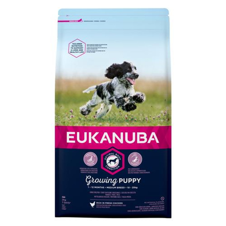 Growing Puppy recipe is tailored to support optimal body condition and support healthy growth & development. Suitable for medium breed puppies up to 12 months old.

Made up of kibble that is rich in fresh chicken and has been specially tailored to suit the needs of medium breed dogs. Plus, its special hexagonal shape also helps to take care of your dog's teeth.


Developed by nutritionists, approved by vets and recommended by top breeders, EUKANUBA provides all the nutrition your dog needs for a long and healthy life.