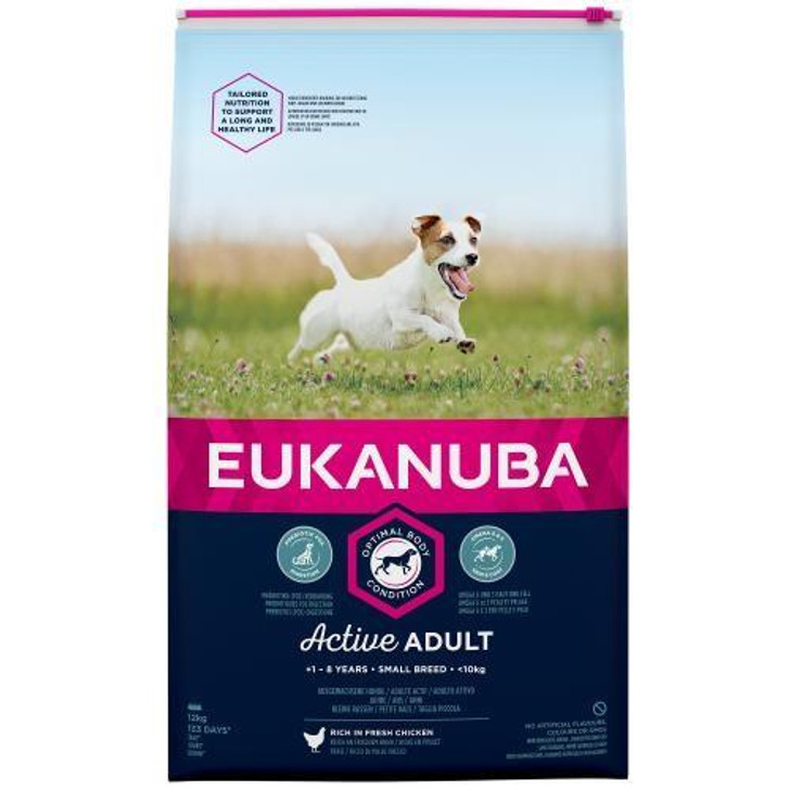 Active Adult recipe is tailored to support optimal body condition and support lean muscles and balanced energy levels. Suitable for small breed dogs between 1 and 8 years old.

Made up of small kibble which are rich in fresh chicken and has been specially tailored to suit the needs of small breed dogs. Plus, its unique hexagonal shape also helps to take care of your dog's teeth.

Developed by nutritionists, approved by vets and recommended by top breeders, EUKANUBA provides all the nutrition your dog needs for a long and healthy life.