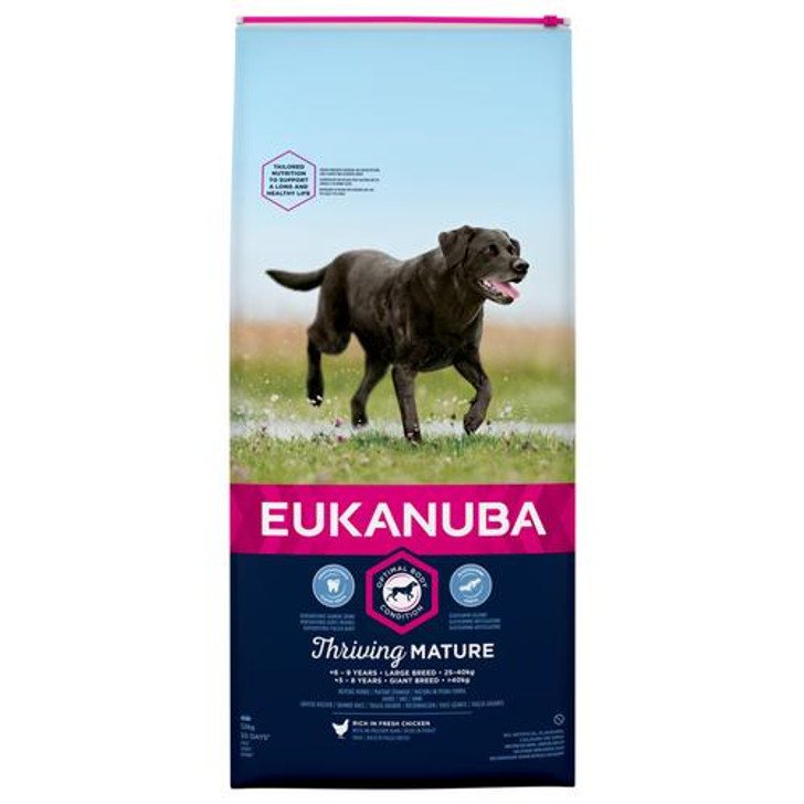 Tailored protein and fat for less stress on joints for mature and senior large breed dogs.

Helps support the natural defences of an aging dog with optimal levels of beta-carotene and vitamin E.

Clinically proven to promote strong bones, with calcium.

Clinically proven to reduce tartar build-up in 28 days. Reduces plaque and maintains strong teeth.

Chicken is our no 1 protein source to help build and maintain lean muscle mass for top body condition.

High quality ingredients carefully selected to provide 100% complete and balanced nutrition.