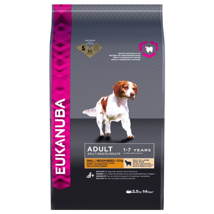 Eukanuba Adult Small & Medium Breed Dry Dog Food with Lamb & Rice is nutrition specially formulated for small and medium breed dogs with sensitive skin and stomachs. Easy to digest ingredients help your dog feel great and prebiotics and beet pulp keeps your dog's digestion active and healthy.