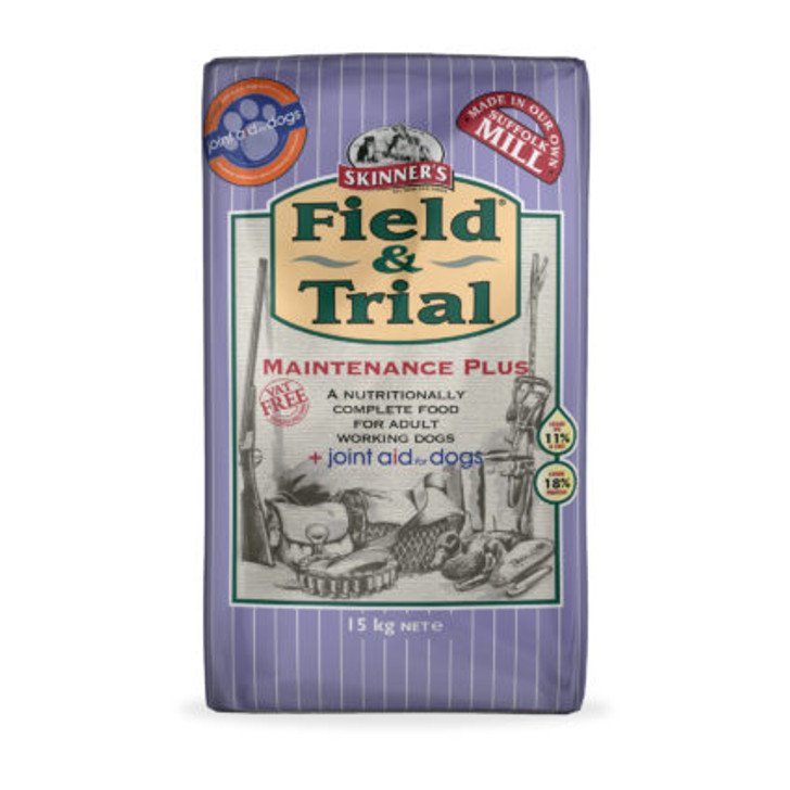 Field & Trial Maintenance Plus is a complete dog food, specially developed and formulated to support dogs with a low to moderate activity level and who might benefit from additional nutrients to support joint health.

Maintenance Plus is also suitable for dogs who have a reduced activity level or who are prone to weight gain on some of our other working dog formulations and dogs who might be resting or recovering out of season and so do not require an energy dense feed but again might benefit from the inclusion of Joint Aid. Maintenance Plus has been formulated with a protein level (18%) and fat level (11%) to support normal day-to-day activity and provides everything your dog requires to remain happy and healthy, as well as providing nutrients that can help support joint health and integrity.