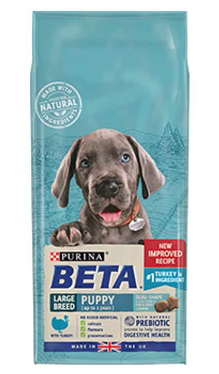 Growing up is hard work for your puppy, especially as he has a lot of growing up to do! That’s why Purina BETA tailored nutrition for large breed puppies includes antioxidants to support natural defences and DHA that’s essential for growing puppies. It is also formulated with selected natural ingredients and natural prebiotics to support digestive health to make sure your puppy is ready to explore the great outdoors every day. And all this without including any added artificial colours, flavours or preservatives.