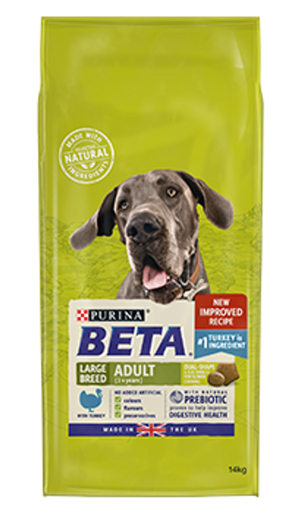 Being a Real Dog for large breeds means running around and chasing for some, and protecting and guarding for others. Either way - they need a food that can properly fuel their natural enthusiasm for life. That is why Purina BETA tailored nutrition for large breed adult dogs includes essential amino acids to support vital organ functions including the heart, and omega 3 fatty acids to support healthy joints. It is also formulated with selected natural ingredients and natural prebiotics to support digestive health which also helps them to be at their best!

And all this without including any added artificial colours, flavours or preservatives.