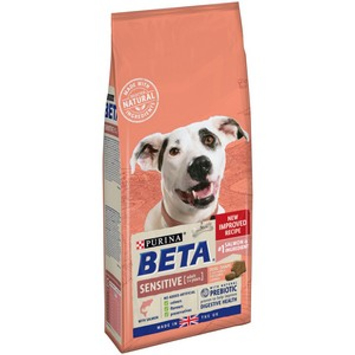 We know that some dogs are more sensitive to food than others, but that does not have to stop your dog from living an active and curious life. That is why Purina BETA tailored nutrition Sensitive food is formulated with salmon, a high quality protein which helps to support good digestion, as well as with Omega 3&6 fatty acids that will help manage reactions in your dog’s sensitive skin.

It is also formulated with selected natural ingredients and natural prebiotics to support digestive health that help your sensitive dog get the most out of his day.
And all this without including any added artificial colours, flavours or preservatives.