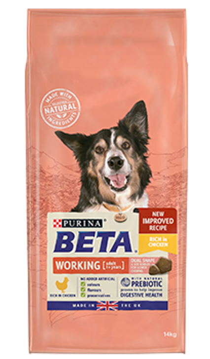 We know how important it is for dog’s to live an active life unleashed and he needs a food that can properly fuel his natural enthusiasm for life! That’s why Purina BETA naturally tailored nutrition food for Working dogs includes essential amino acids and high level of antioxidants to support muscle health and to help him stay in peak condition during highly challenging active periods.

It is also formulated with selected natural ingredients and natural prebiotics to support digestive health, that helps your adventurous dog to enjoy his active life every day. And all this without including any added artificial colours, flavours or preservatives