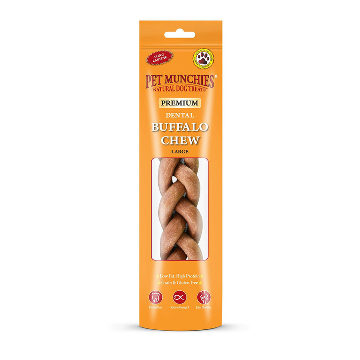 Premium gourment dental chews made 100% natural human grade grass fed buffalo. This healthy chew is infused with salmon oil which is good for skin and coat, joint mobility due to the rich levels of omega 3. 

Long lasting and designed to satisfy your dog’s natural instinct to chew, to help reduce tartar and plaque for healthy teeth and gums to support good oral health. Grain and gluten free. Low in fat, high in protein, with no artificial colours or flavours makes this the ultimate chew.