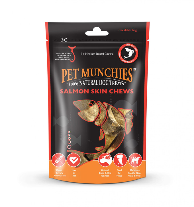 Made with 100% natural quality wild salmon skins, this is the ultimate super healthy chew for dogs. Suitable for dogs of all sizes. 

Durable texture is designed to encourage chewing to help remove plaque. Salmon is a rich source of vitamins and minerals including Omega 3 & 6 and selenium. Rawhide free and easily digestible. Low in fat and naturally hypoallergenic.