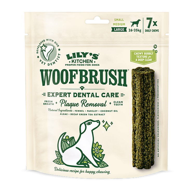 All pets deserve proper food, and that’s still true when it comes to dental chews. Because dogs eat their ‘toothbrush and toothpaste’ (their dental chew), it’s important that their chew is as kind to their tummy as it is to their teeth. Woofbrush has been carefully crafted with help from pet dental experts to make sure it works brilliantly, and uses top notch natural ingredients like parsley, coconut oil and fennel for a proper clean without the added nonsense.

What’s more, dogs absolutely adore the taste. The Woofbrush is a chew that’s a treat not a chore.

Its recommend a Woofbrush a day to help support your dog’s dental health. These handy single packs are perfect for days out or giving your dog a taste of the Woofbrush before you decide to buy one of our multipacks. Suitable from 6 months old.

The small size is for smaller dog breeds that weigh between 1kg and 10kg.

The medium size is for medium sized dog breeds that weigh between 11kg and 25kg.

The large size is for larger dog breeds that weigh over 26kg.