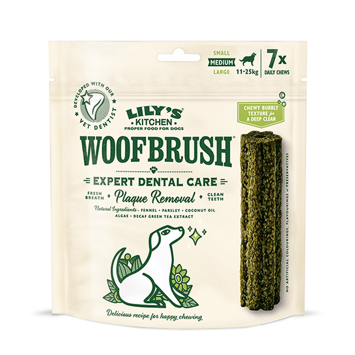All pets deserve proper food, and that’s still true when it comes to dental chews. Because dogs eat their ‘toothbrush and toothpaste’ (their dental chew), it’s important that their chew is as kind to their tummy as it is to their teeth. Woofbrush has been carefully crafted with help from pet dental experts to make sure it works brilliantly, and uses top notch natural ingredients like parsley, coconut oil and fennel for a proper clean without the added nonsense.

What’s more, dogs absolutely adore the taste. The Woofbrush is a chew that’s a treat not a chore.

Its recommend a Woofbrush a day to help support your dog’s dental health. These handy single packs are perfect for days out or giving your dog a taste of the Woofbrush before you decide to buy one of our multipacks. Suitable from 6 months old.

The small size is for smaller dog breeds that weigh between 1kg and 10kg.

The medium size is for medium sized dog breeds that weigh between 11kg and 25kg.

The large size is for larger dog breeds that weigh over 26kg.