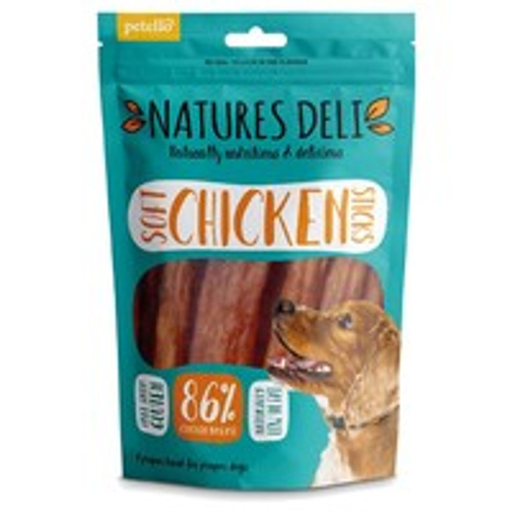 Natures Deli Chicken Sticks are soft and chewy chicken fillet sticks, slowly oven roasted in their own meaty juices for a tasty treat that can be torn into smaller pieces. With a high protein level from 86% chicken, these treats are naturally nutritious and delicious.

Natures Deli Meaty treats are naturally hypoallergenic and are 100% free from artificial colours, flavours and preservatives.