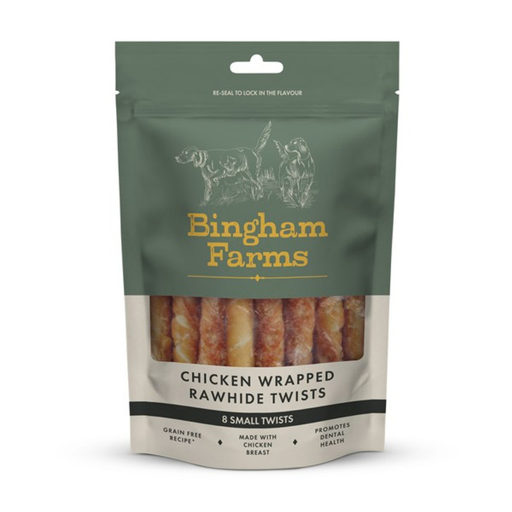 This delightful treat is suitable for dogs above 6 months and offers a natural and nutritious chewing experience. Made with premium chicken in a natural rawhide twist, it provides a wholesome and flavourful option for your beloved pet.

Slowly oven roasted in its own juices and free from artificial colours or flavours. It's not only delicious but also great for cleaning teeth.

Choose Bingham Farms for a brand that prioritizes your dog's happiness and satisfaction.