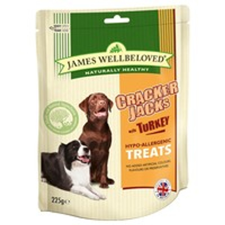 James Wellbeloved Crackerjacks are tasty, hypoallergenic dog treats that are perfect to give your dog as a reward.

Dog treats are both healthier and tastier if they're made from pure, natural ingredients without any unhealthy additives or added sugar.

What's more, dogs love the way they taste. It's all down to the ingredients. Wholesome fresh turkey, rice and tomato, all seasoned with rosemary and parsley. Absolutely delicious!

As with all James Wellbeloved foods, our treats are hypo-allergenic. So they contain no beef, no wheat, no gluten and no dairy products because those are the ingredients which cause most food allergies in dogs.