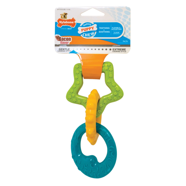 Teething is a crucial part of your puppy's development. Our Puppy Teething Rings encourage healthy chewing habits from a young age and satisfy your pup's natural urge to chew. Made with textured puppy-friendly material, this chew toy entertains young dogs and helps them cope with separation anxiety, boredom, or stress. The puppy teething toy also helps clean teeth as dogs chew. This chew toy is intended for puppies and should not be given to dogs with adult teeth. If you've got a pup who loves to chew, these teething rings are perfect for your pooch!