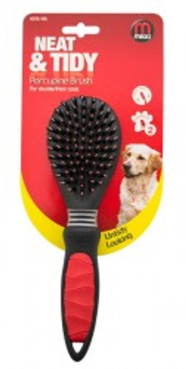 The Mikki Porcupine Brush has a combination of soft and hard nylon bristles to enhance grooming action and reduce any excessive brushing force.

The porcupine brush is ideal for dual length coats as the long hard bristles reach through the top coat to help reduce tangles and matts from the undercoat. The short soft bristles remove loose hair and stimulate natural oils that promote a shiny and healthy top coat.

The soft grip handle shape gives comfort and control while grooming and helps both you and your pet enjoy the grooming session.

Ideal for medium and long hair breeds. Regular grooming helps to promote healthy skin & coats.