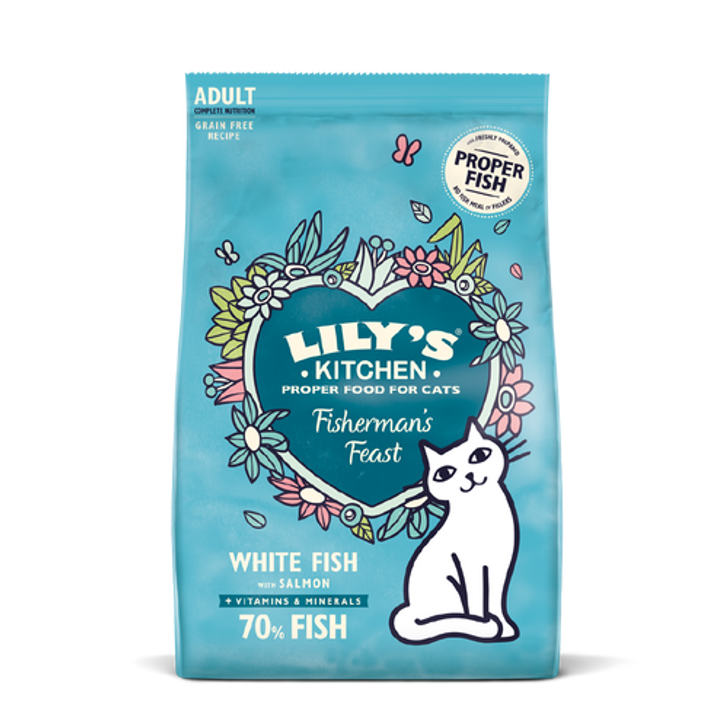 Made with 70% freshly prepared fish, your cat will adore the tempting smell and delicious taste. And you’ll love how healthy this food makes them – as well as all the thank you purrs.

This recipe for cats is grain free and contain no meat meal or other nasties, just wonderful meaty greatness – the meat, fish and offal that cats thrive on. In fact, we only use top notch, natural ingredients with added vitamins and minerals, which means they’re naturally healthy for your cat too.

As cats like to graze, this complete and balanced dry food is perfect for your cat to snack on throughout the day. It’s also a brilliant everyday recipe to feed alongside our wet food and is full of goodness to help nourish them inside and out.