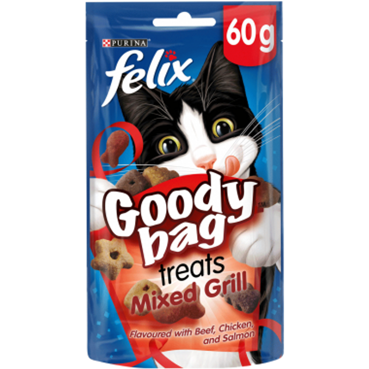 Felix Goody Bags are full of an irresistible, colourful mix of meaty and fishy treats that are all full of enticing aromas, delicious flavours and appealing textures. With three irresistible flavours in every bag, they’re triple the treat!