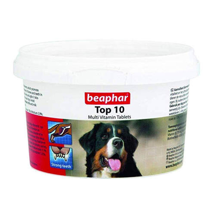 Beaphar Top 10 Vitamin Tablets for Dogs contains ten essential vitamins, minerals and trace elements which promote vitality and strengthen your dog's physical condition.

The tablets encourage the natural development of bones and teeth in young dogs and ensures a glossy coat and bright eyes. Beaphar Top 10 Vitamin Tablets also help to keep older dogs lively and agile.

This pack contains 180 tablets. Give 1 tablet per 5kg of bodyweight each day.