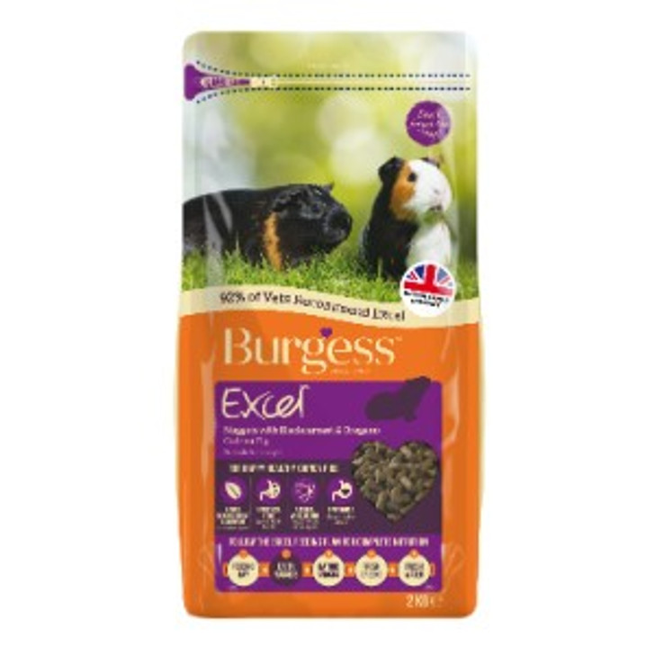 Burgess Excel Tasty Nuggets for Guinea Pigs with Blackcurrant and Oregano is a delicious, complementary food for guinea pigs with added blackcurrant and oregano for extra taste and additional health benefits.

High in fibre, Vitamin C and rich in nutrients to keep them healthy and happy.

Guinea Pigs are Fibrevores and require a blend of the two key fibres in order to maintain a healthy digestive system:

Digestible Fibre - the essential source of nutrients to keep your guinea pig happy and healthy;
Indigestible Fibre - helps keeps the digestive system moving and aids to grind down teeth.

The correct ratio of these two types of fibre called Beneficial Fibre is vital for:

Digestive Health - ensures the digestive system is healthy and working;
Dental Health - keeps teeth worn down at right size and shape;
Emotional Health - encourages natural behaviour, prevents boredom and helps bonding.

Burgess Excel Tasty Nuggets for Guinea Pigs with Blackcurrant and Oregano is blended into a tasty nugget, nugget foods help prevent selective feeding by removing the ability for your guinea pig to only eat the parts of a traditional muesli mix it likes, ensuring it receives the full benefit of its feed.

Your guinea pig's diet should be supplemented with additional roughage, which can be provided through feeding hay.

This not only aids your guinea pig's digestion, but the gnawing action will also help to keep its teeth trim and healthy.