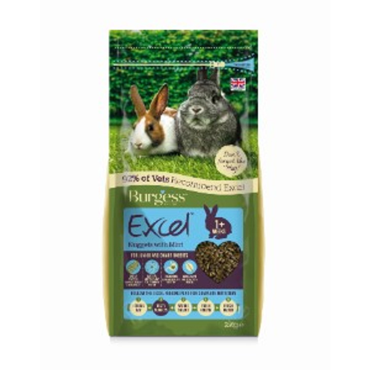 Burgess Excel Tasty Nuggets for Junior and Dwarf Rabbits is a delicious, complementary food that's high in Beneficial Fibre, protein and rich in nutrients to help young rabbits grow.

Dwarf breed rabbits will thrive on this food as they have a higher metabolism than adult and standard sized rabbits, so require a feed that is specifically targeted to their unique needs.

Rabbits are Fibrevores and require a blend of the two key fibres in order to maintain a healthy digestive system:

Digestible Fibre - the essential source of nutrients to keep your rabbit happy and healthy;
Indigestible Fibre - helps keeps the digestive system moving and aids to grind down teeth.

The correct ratio of these two types of fibre called Beneficial Fibre is vital for:

Digestive Health - ensures the digestive system is healthy and working;
Dental Health - keeps teeth worn down at right size and shape;
Emotional Health - encourages natural behaviour, prevents boredom and helps bonding.

Burgess Excel Tasty Nuggets for Junior and Dwarf Rabbits is blended into a tasty nugget, nugget foods help prevent selective feeding by removing the ability for your rabbit to only eat the parts of a traditional muesli mix it likes, ensure it receives the full benefit of its feed.

80% of your rabbit's diet should mainly consist of roughage, which can be provided through feeding hay.

This not only aids your rabbit's digestion, but the gnawing action will also help to keep its teeth trim and healthy.