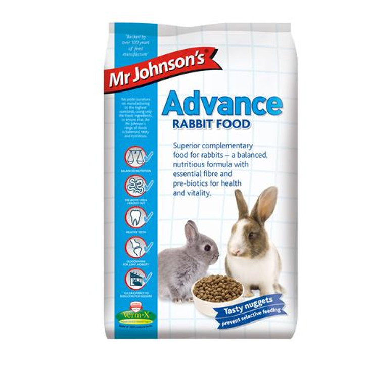 Mr Johnson's advanced rabbit food is a fibrous, nutritious, wholesome tasty mono-component nugget - supplying your rabbit with a tasty, healthy food that overcomes selective feeding.

Feeding the correct diet to your rabbit is essential for maintaining good health. Rabbits require high fibre levels in their diet to assist normal digestive function and aid essential dental wear.

Contains essential fibre to aid intestinal transit and dental wear Bio-Mos - a natural pre-biotic for a healthy gut flora De-odorase with yucca extract which improves hutch odours by reducing urinal ammonia Verm-X - 100% herbal blend to promote intestinal health No added colourings, flavourings or preservatives Glucosamine for joint mobility Mono-component nugget prevents selective feeding

Mr Johnson’s Advance rabbit food is a complementary feed and should be fed with unlimited access to good quality hay which is an important source of fibre and an essential part of your rabbit’s diet.