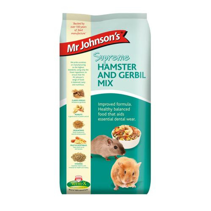 Mr Johnson's Supreme hamster and gerbil food is a fibrous, nutritious and wholesome blend of cereals, fruit, vegetables, seeds, nuts, mealworms, pellets and extrusions - supplying Hamsters and Gerbils with a tasty, healthy food in a variety of textures to encourage the natural foraging instinct and helping in essential dental wear. This delicious hamster & gerbil mix has a fruity aroma. Feeding the correct diet to your Hamster or Gerbil is essential for maintaining good health.

Mr Johnson’s Supreme hamste and gerbil food is a complementary feed and should be fed together with suitable fresh fruit and vegetables. Fresh clean water should always be available.