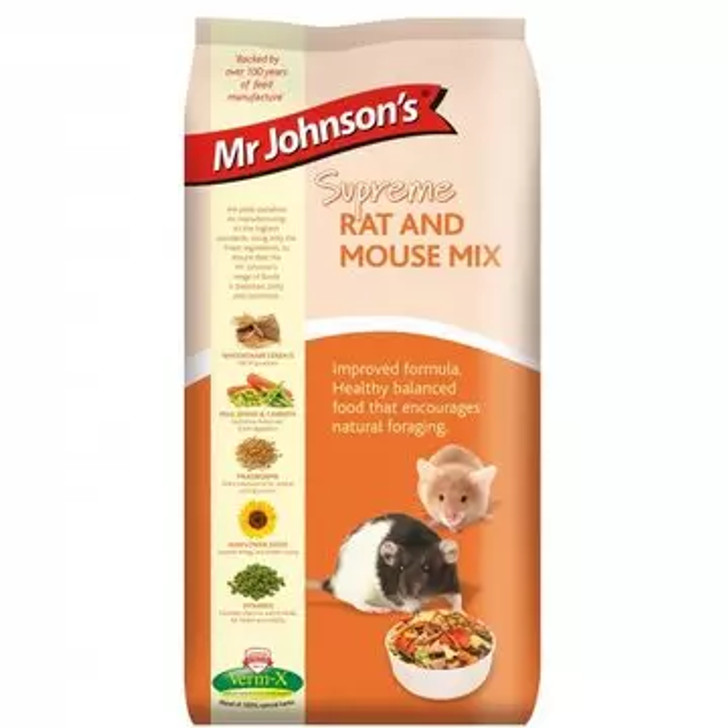 Mr Johnson's Supreme Rat & Mouse Mix is a complementary nutritious and wholesome blend of cereals, grains, vegetables, seeds, mealworms and extrusions - supplying Rats and Mice with a tasty, healthy food in a variety of textures to help with dental wear.