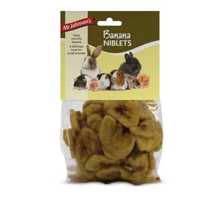 Tasty, crunchy, banana treat for small animals – suitable for rabbits, guinea pigs, hamsters, gerbils, rats & mice.

Mr Johnson’s Niblets are a range of delicious, nutritious treats for small animals, blended from a variety of wholesome ingredients that are loved by small animals.
They can be sprinkled on their food, fed from the hand or from a separate dish.
Treats should be fed in moderation in order to ensure your pet doesn’t become overweight.