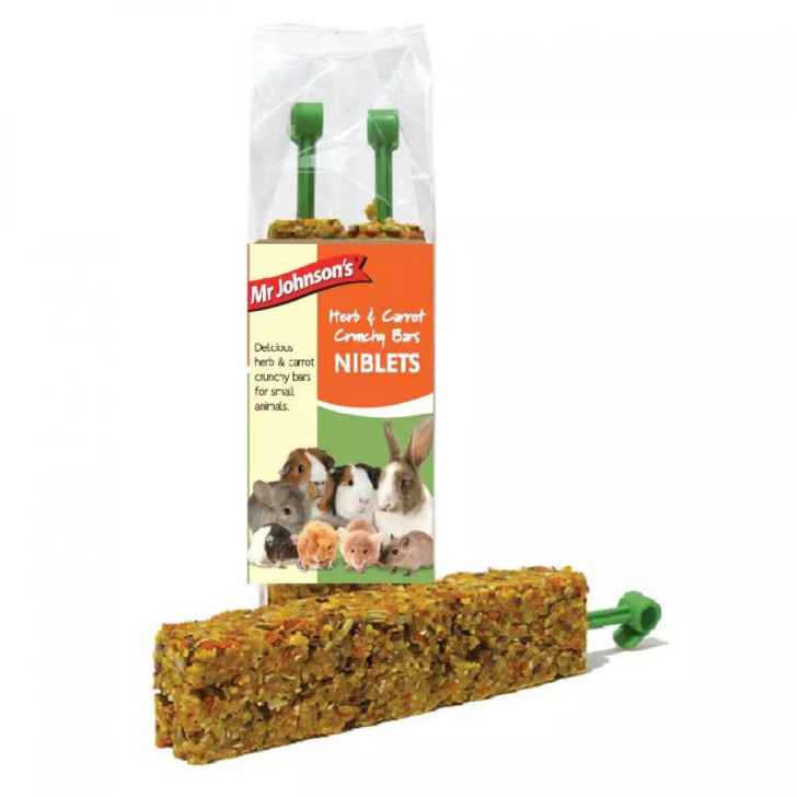 A complementary treat for small animals suitable for rabbits, guinea pigs, hamsters, rats, mice, gerbils & chinchillas. Mr Johnson's treat bars are a delicious crunchy treat containing ingredients that your pet will love. The perfect reward or treat for your pet.