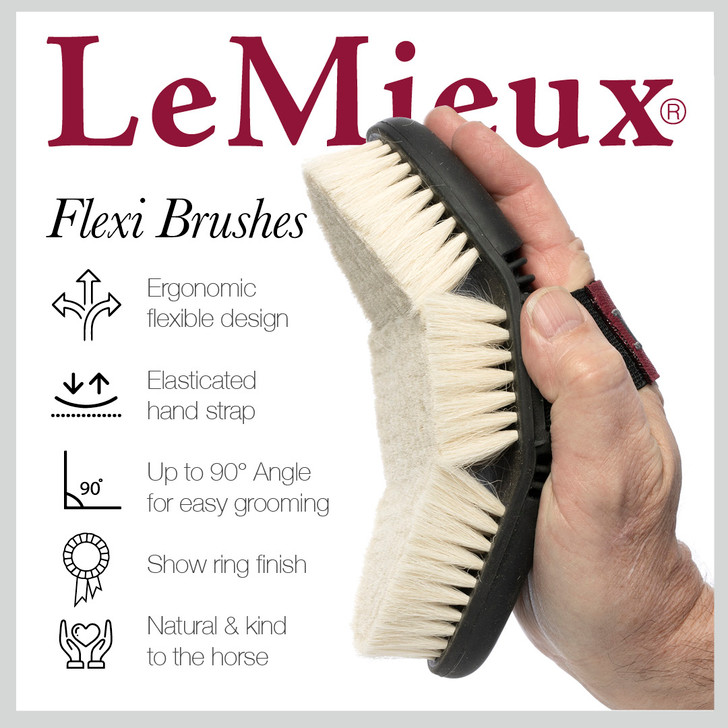 Coarser bristles on the LeMieux Flexi Scrubbing Brush make getting tough dirt and stains out a breeze. The flexible shape means you can reach over almost every part of the horse’s body, even cleaning those hard to get at places

The ergonomic shape fits into the hand perfectly which reduces wrist strain and gripping effort on the brush, while an elasticated strap allows for the perfect fit.