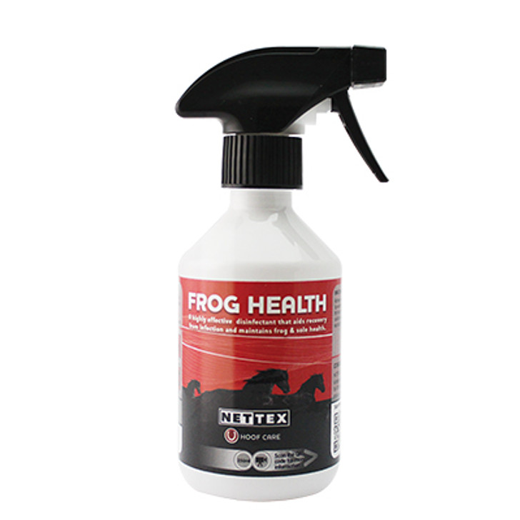 Nettex Frog Health contains powerful antibacterial and antiseptic agents that promote hoof hygiene and help dry and reduce discharge from the frog. Standing in stables or wet fields for long periods of time can leave your horse at risk of developing foot problems. Nettex Frog Health is ideal to be used regularly as part of your hoof hygiene regime to maintain healthy hooves even in challenging conditions.

Highly effective antibacterial and antiseptic formulation.
Will help maintain a healthy sole and frog all year round.
Helps support foot health when faced with challenging conditions.
Ideal for horses on box rest or living out in wet conditions.
Use once weekly or as necessary to maintain good hoof health.