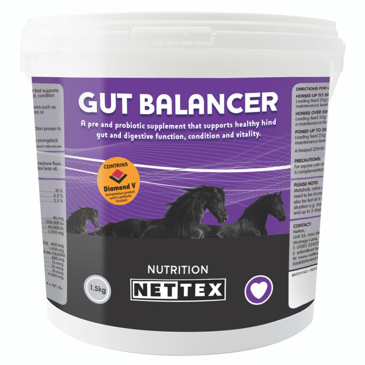 Nettex Gut Balancer is an advanced prebiotic and probiotic supplement that uses the highest-grade ingredients including Saccharomyces Cerevisiae, Brewer’s yeast, psyllium, FOS and MOS, plus Diamond V, a unique prebiotic which is a blend of multifunctional metabolite compounds that has been shown to have a positive effect on nutrient digestibility*. Nettex Gut Balancer is also blended with an appropriate vitamin and mineral package, whey protein, rice bran oil and selected micro-nutrients to offer overall health and wellbeing.

Suitable for horses and ponies of any age, type or breed, Nettex Gut Balancer will help keep the gut healthy and functioning at its best all year round.

Helps maintain a healthy stomach with normal acid levels.
Helps maintain good digestive health.
Contains prebiotics and probiotics for a stable hind gut.
Helps calm irritable horses often showing improvement within 3 to 5 days.
Helps maintain and enhance condition.
Helps maintain healthy skin and coat condition.
Digestive health is essential during stressful situations such as competition and travelling.
Feed after periods of illness or medication to help maintain digestive health.