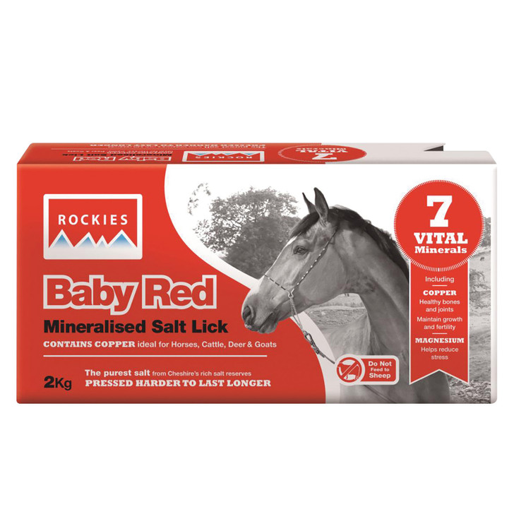 Baby Red Rockies are mineralised salt licks with seven vital minerals including supplementary copper for healthy bones and joints, growth and fertility; and magnesium to help reduce stress.

Like all Rockies products, Baby Red Salt Licks are manufactured from Cheshire salt, considered to be among the purest and most flavoursome in the world. Horses and ponies really do prefer them! Their exceptional hardness also means that they last longer and so are better value for money than alternatives.