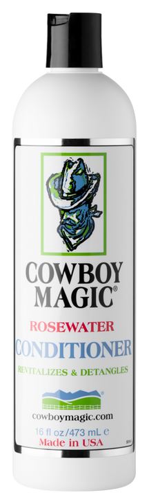 Cowboy Magic Concentrated Rosewater Conditioner is a new innovation in the equine market. Hair neutralization and clarification has been a human hair salon service for a long time. It’s use results in healthy looking hair.

It works instantly:
As it is massaged in, the formula will dissolve mineral and chemical buildup deposited by water. After rinsing, the hair will be left in an ultra clean, almost virgin state.
It deep conditions:
Silk and panthenol penetrate hair and skin, moisturizing and adding body to hair.
It is long lasting:
Neutralizing the hair by demineralizing, it can last for more than a week depending on the water you use and what other treatments are put on the hair after neutralization. Whatever additional process you use, hair will look and feel better. It neutralizes static electricity, tangles are reduced and kept to a minimum as static electricity is controlled by reducing the trace mineral in the hair.
It only takes a small amount:
The formula is very concentrated and a small amount goes a long way.
It works on people too:
Human hair care salons have been offering this special service for a long time. You can use COWBOY MAGIC® as a conditioner and body builder after shampooing. Hair will instantly look and feel soft and clean with full body and be more manageable.