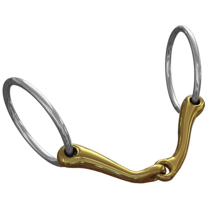 Although single jointed, this bit is ergonomically designed to eradicate the ‘nutcracker’ action and consequent problems that the traditional straight-armed single jointed snaffle often causes. The cleverly curved mouthpiece prevents it from moving too far forwards in the mouth reducing pressure on the thinner more sensitive part of the tongue. It sweeps slightly away from the corner of the lip to lessen any chance of rubbing and the curvature down towards the bars achieves a gentle more even weight bearing surface. This design is very beneficial for horses that back off or only offer an intermittent contact or for the very rare occasion when a horse does not find a lozenge comfortable.