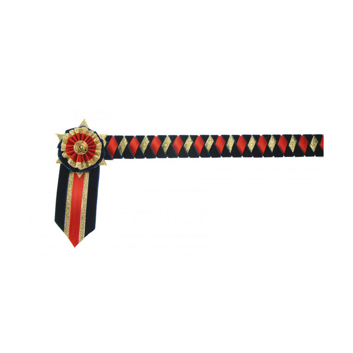 Each Boston Browband is individually hand-plaited on 3/4" (19mm) leather. The diamond design uses velvet ribbon to border satin and lurex ribbons and is beautifully finished with a three layered, six point star rosette and V-shaped tabs.
