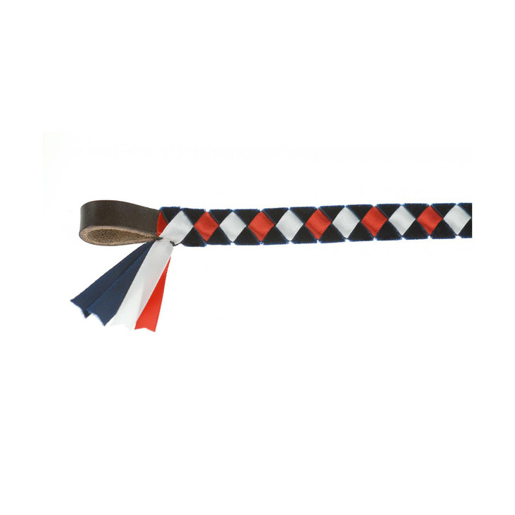 A browband hand-plaited on 1/2" (12.7mm) leather. The diamond design is made with interwoven velvet and lurex ribbons, creating a simple yet stylish browband.