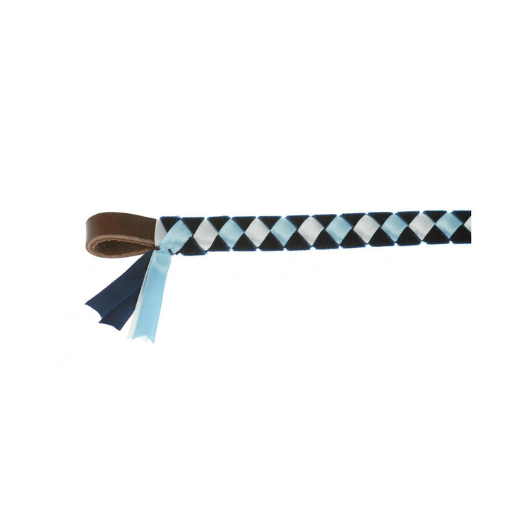 A browband hand-plaited on 1/2" (12.7mm) leather. The diamond design is made with interwoven velvet and lurex ribbons, creating a simple yet stylish browband.