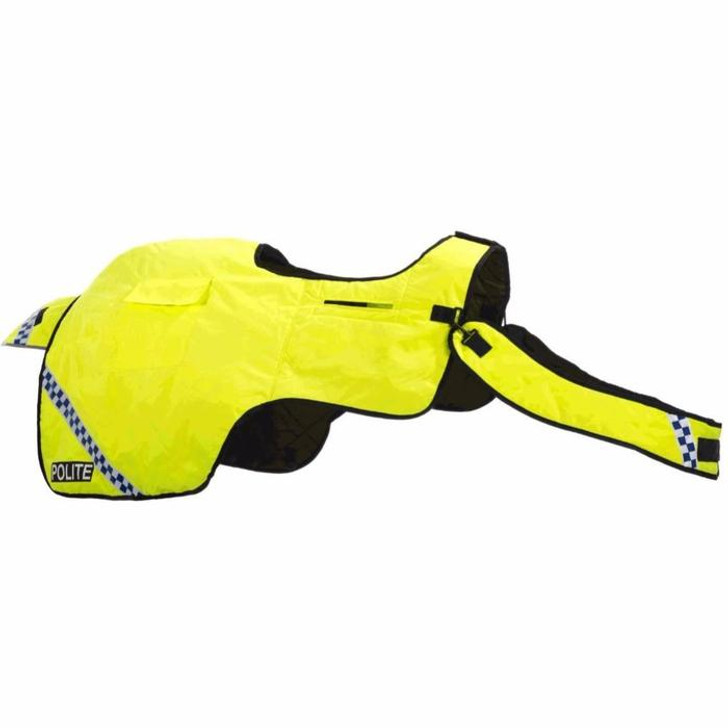 High visibility and reflective, 100% waterproof, breathable and windproof. We have designed the rug so that it is light weight and does not over heat the horse. It is lined with a wicking fabric. The rug is lined with quilting so has a soft thin padding.
This tough performance fabric provides durability with increased abrasion and snag resistance.
The rug is 360° reflective and fluorescent using a our high performance fabric. A fully adjustable, detachable chest protector is fitted at the top of the pommel area so that it does not get in the way of the horses movement.
The rug can be used without the saddle. Using a surcingle, its great for long reining or leading horses.
Our horse rugs are cut very generous in depth to fit the largest of horse’s bottoms. The unique, exclusive designed girth slits, guarantee that the rug will not slip.
A filet string may be attached at the back of the rug (not supplied).
Crossover leg straps make sure the rug does not blow up in the strongest of winds.
Our flashing attachments can be fitted to the front and rear creating extra safety for riders who hack in the dark.
Machine washable at 30° with a non-biological washing powder.