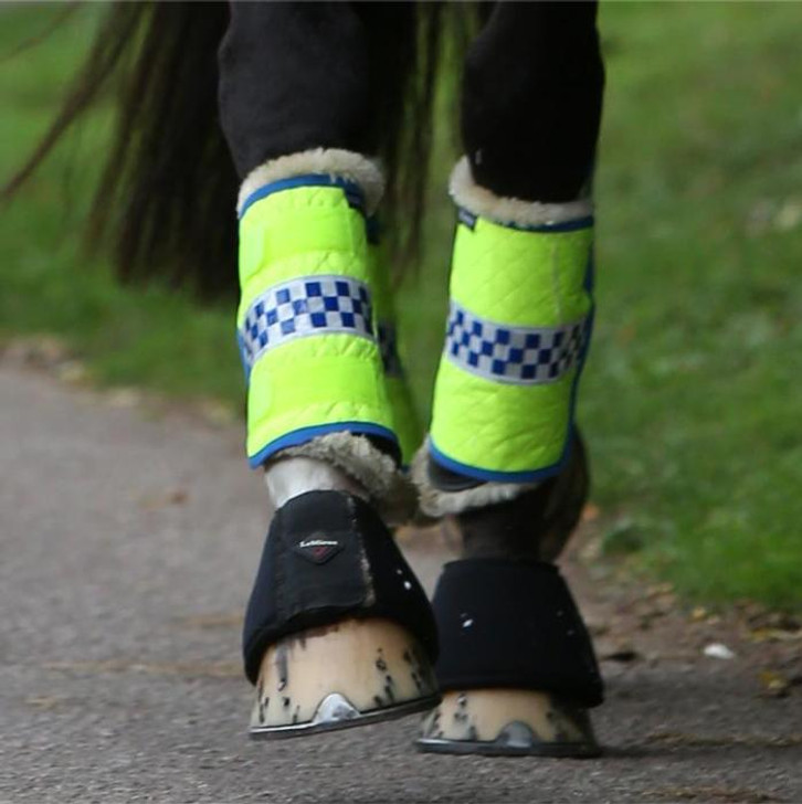 POLITE Waterproof Leg Boots. Lightly quilted to give a stylish look that is lightweight and soft, can be worn over brushing boots or just on the leg.
Two wide strong adjustable Velcro straps, guaranteed not to come off even in mud or water. 
One pack, in sizes PONY or HORSE, consists of two Leg Boots
We recommend you wear two pairs as it makes a huge difference when your horse is walking to grab the attention of drivers.

Available in two sizes - PONY or HORSE