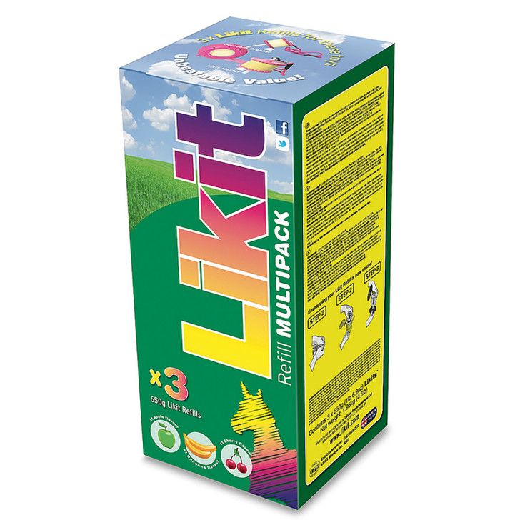 This multipack contains 1 x Apple, 1 x Cherry, 1 x Banana 650g Likits.