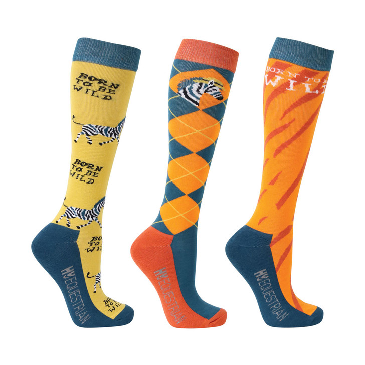Take a walk on the wild side with this pack of three socks, part of the Born to be Wild collection. The first socks features and argyle print with zebra head; the second is zebra print in safari orange with the ‘Born to be Wild’ slogan; the third sock is covered in the fun Born to be Wild print! All socks feature padded feed, matching heel, toe and cuff and have added bamboo – known for its antibacterial, moisture wicking properties.