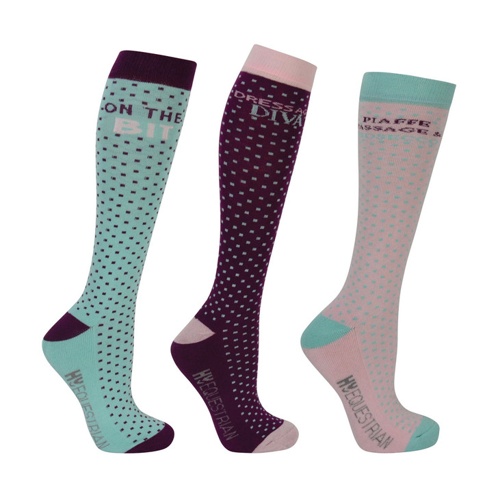 Here’s one for all the dressage dancing divas out there! Three socks featuring a spotty pattern with three fun slogans at the top of the leg – ‘piaffe, passage & prosecco’, ‘dressage diva’ and ‘on the bit’. Featuring contrasting heel, toe and cuff, these socks have padded feet and added bamboo, known for its antibacterial properties, to keep feet fresh and comfortable for when you’re trotting down that centre line!